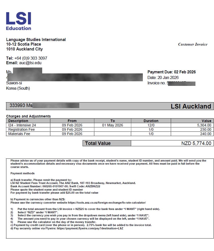 뉴질랜드 어학연수 비용 3개월 실제 학비 (LSI 오클랜드 기준)