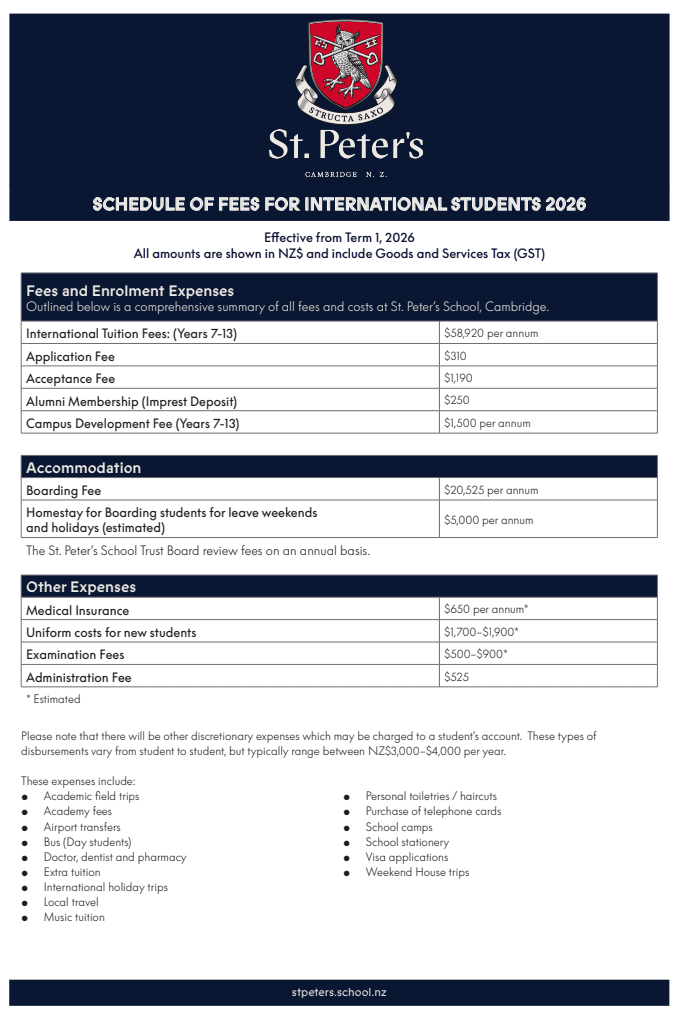 뉴질랜드 세인트피터스스쿨(St. Peter's School) 유학비용 총정리|2026년 학비·기숙사비 (첫해 약 8,500만원)
